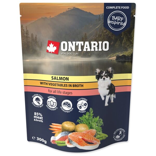 Ontario Dog Salmon with vegetables in broth, 300g - Super Premium klases mitrā barība ar lasi buljonā, piemērota pieaugušiem suņiem un kucēniem no 2 mēnešiem