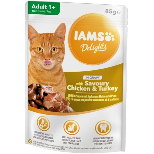 Konservi kaķiem - IAMS CAT DELIGHT CHICKEN TURKEY GRAVY 85g
