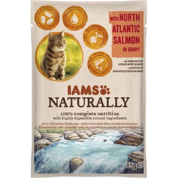 Konservēta barība kaķiem - IAMS CAT Naturally Adult Salmon in gravy 85gr.