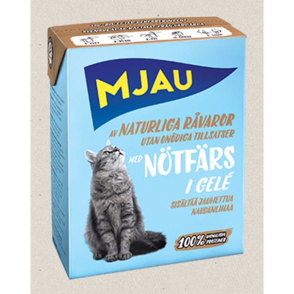 Mjau Notfars Gele, 380g - bezgraudu gaļas gabaliņi ar maltu liellopa gaļu želejā