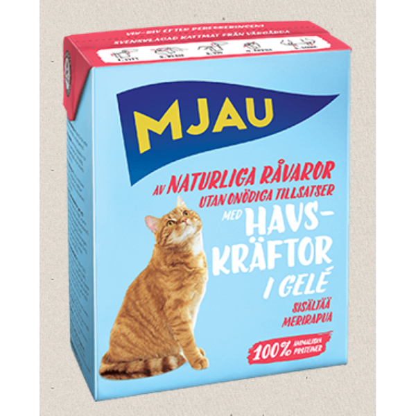 Mjau Havskraftor Gele, 380g - bezgraudu gaļas gabaliņi ar omāriem želejā