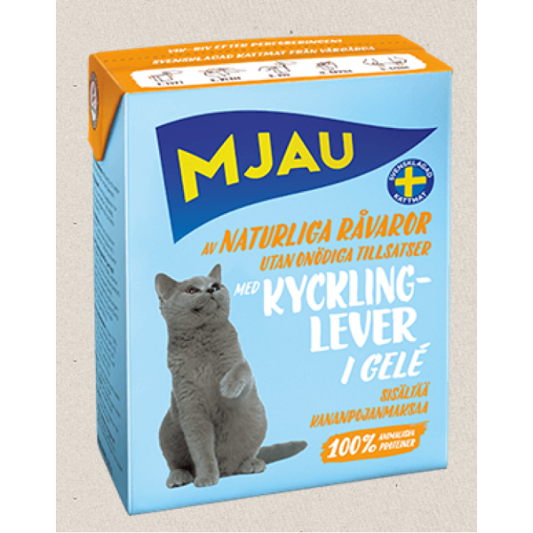 Mjau Kycklinglever Gele, 380g - bezgraudu gaļas gabaliņi ar vistas aknām želejā