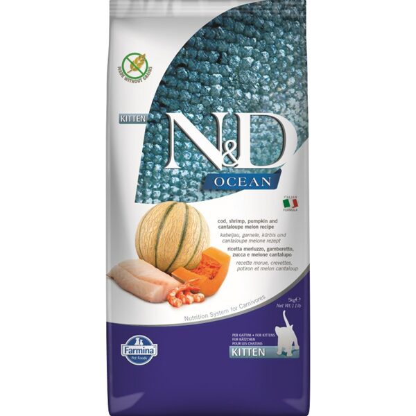 N&D CAT OCEAN CODFISH SHRIMP PUMPKIN CANTALOUPE MELON KITTEN 1,5kg -  bezgraudu barība kaķēniem un grūsnām vai laktējošām kaķenēm