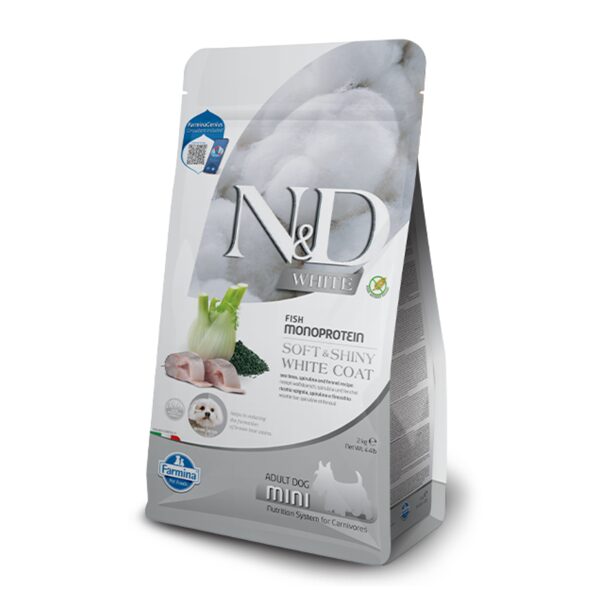 N&D DOG  SOFT&SHINY WHITE COAT MINI (SPIRULINA SEA BASS FENNEL) 10KG 