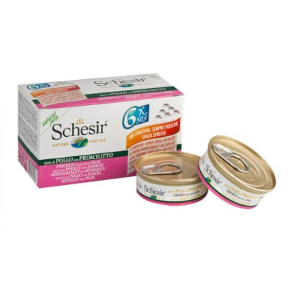 SCHESIR Cat Chicken Fillets with Ham in jelly, 6x50g - vistas fileja un šķiņķis želejā