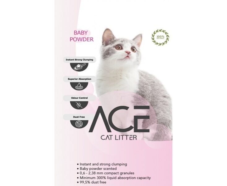 ACE Baby Powder CAT LITTER 20 L - cementējošās smiltis kaķu tualetei ar bērnu pūderi 