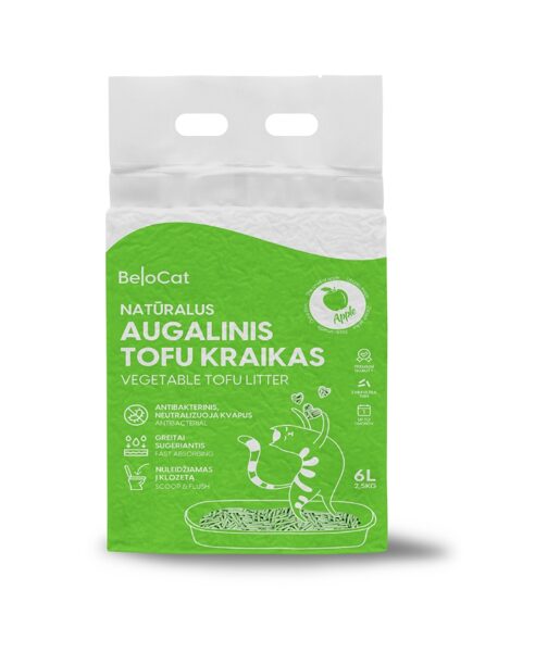 BeloCat Tofu Clumping Cat Litter Apple, 6l - dabīgi granulēti kaķu pakaiši ar kukurūzas cieti un sojas šķiedrām, ar ābola aromātu