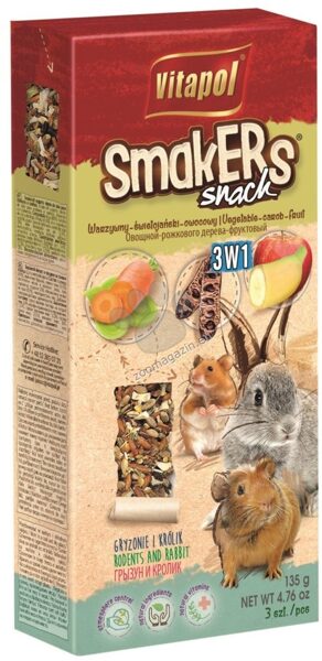 Smakers 3in1 for rodents and rabbit 3pcs 135g - Vitapol nūjiņas 3x1 ar augļiem,dārzeņiem un ceratoniju augļiem