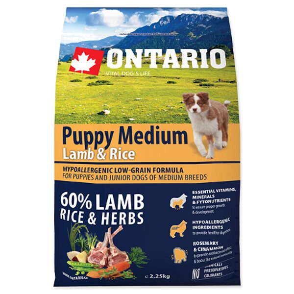  Ontario Puppy Medium Lamb and Rice, 2,25 kg -  сухой корм для щенков средних пород с бараниной и рисом 