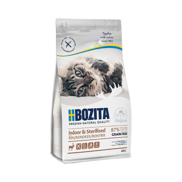  Bozita Grain Free Indoor & Sterilized Reindeer 400g- bezgraudu sausā barība ar ziemeļbriedi sterilizētiem kaķiem