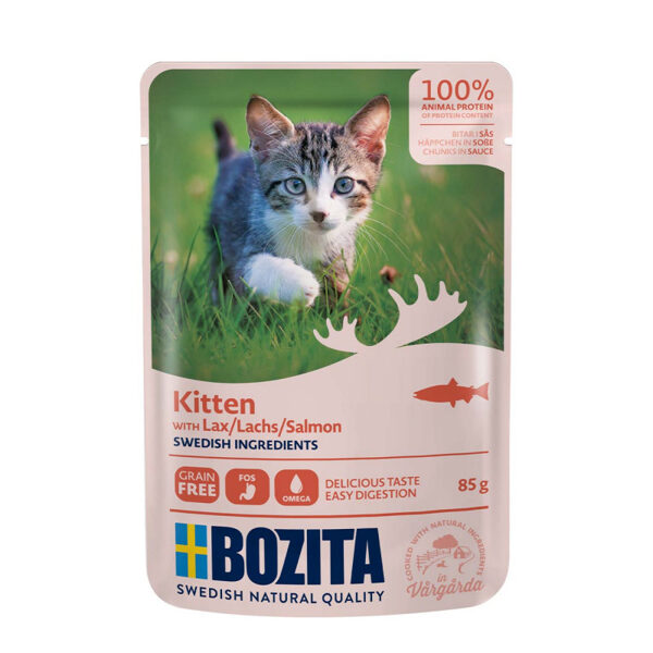 Bozita Kitten Salmon Sauce, 85g - bezgraudu gaļas gabaliņi ar lasi mērcē kaķēniem, junioriem, grūsnām un laktējošām kaķenēm