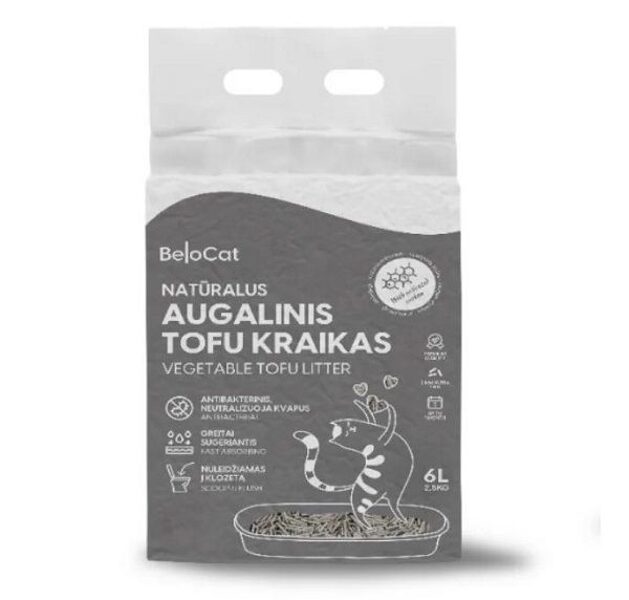BelCat Tofu Clumping Cat Litter Carbon Active, 6l - dabīgi granulēti kaķu pakaiši ar kukurūzas cieti un sojas šķiedrām, ar aktivēto ogli 