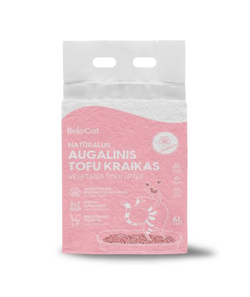 BeloCat Tofu Clumping Cat Litter Cherry, 6l - dabīgi granulēti kaķu pakaiši ar kukurūzas cieti un sojas šķiedrām, ar ķiršu aromātu