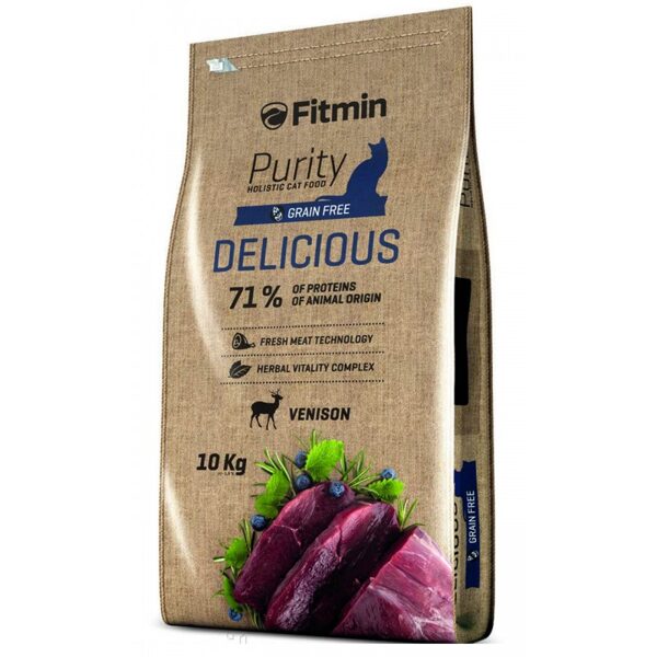 Fitmin Cat Purity Delicious 10 Kg -  bezgraudu holistiskā barība ar medījuma gaļu izvelīgiem kaķiem un kaķiem ar jutīgu gremošanas sistēmu