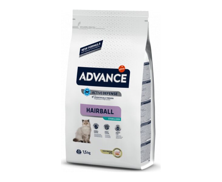 ADVANCE CAT STERILIZED HAIRBALL 1,5KG - PIEAUGUŠIEM KAĶIEM (TĪTARS UN RĪSI)