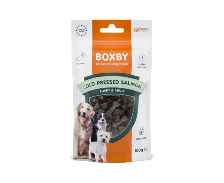 BOXBY COLD PRESED SALMON TREAT 100gr - BOXBY AUKSTĀS PRESĒŠANAS GARDUMS AR LASI