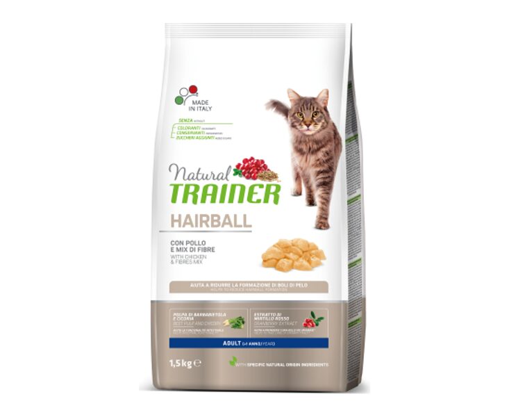 Natural Trainer CAT HAIRBALL ADULT WITH CHICKEN 1.5KG - BARĪBA PIEAUGUŠIEM KAĶIEM SPALVU IZVADĪŠANAI AR VISTU
