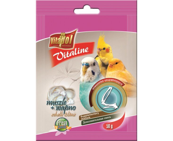 PAPILDBARĪBA PUTNIEM AR GLIEMEŽVĀKIEM UN KALCIJU 50G - VITAPOL VITALINE SHELLS AND LIME SUPPLEMENTARY MIXTURE FOR BIRDS