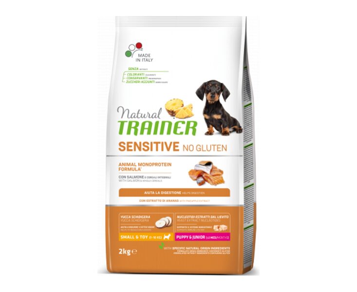 NATURAL TRAINER DOG SENSITIVE NO GLUTEN PUPPY&JUNIOR SMALL&T SALMON 2 KG - полноценный безглютеновый сухой корм с лососем для щенков мелких пород