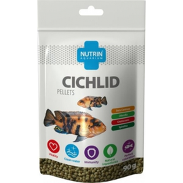 NUTRIN Aquarium - CICHLID PELLETS 90g - гранулированный корм для крупных всеядных цихлид, которым также требуется компонент корма на растительной основе