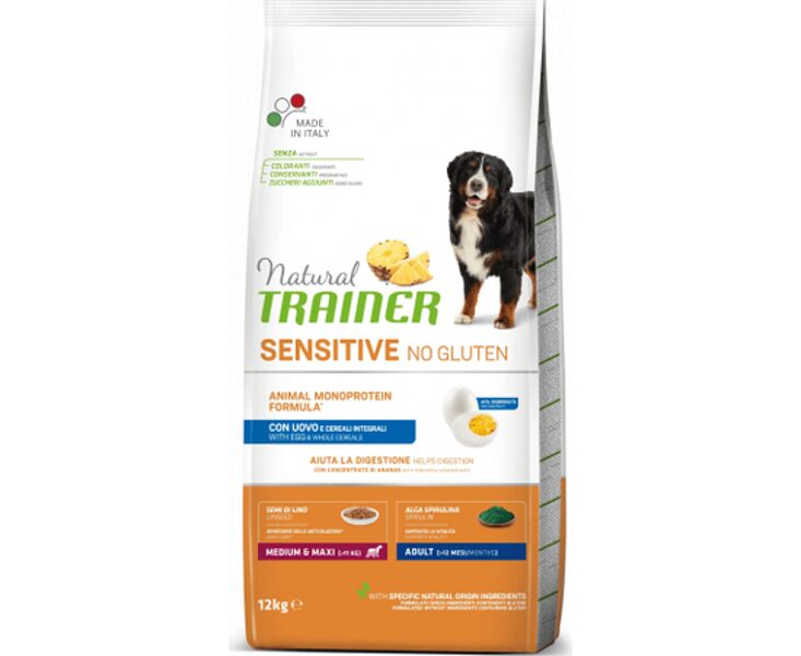 Natural Trainer DOG SENSITIVE NO GLUTEN ADULT MEDIUM/MAXI EGG 12 KG - ПОЛНОЦЕННЫЙ БЕЗГЛЮТЕНОВЫЙ С ЯЙЦОМ ДЛЯ ВЗРОСЛЫХ СОБАК КРУПНЫХ/СРЕДНИХ ПОРОД