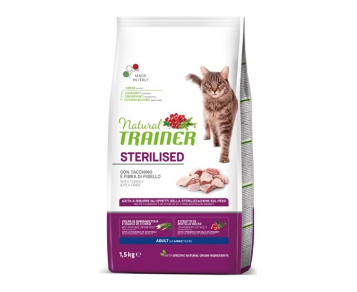 Natural Trainer CAT STERILISED TURKEY 1,5 KG - pilnvērtīga sausā barība ar tītaru pieaugušiem sterilizētiem kakiem