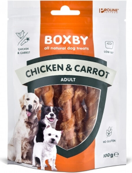 BOXBY CHICKEN & CARROT Sticksi 100g - Papildus barība pieaugušiem suņiem (no 9 mēn. vecuma) - gardums ar vistas gaļu un burkāniem. 