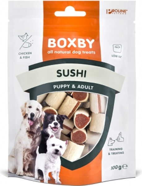 BOXBY ORIGINAL SUSHI FOR DOGS 100g - SUŠI KUCĒNIEM UN PIEAUGUŠIEM SUŅIEM (VISTA UN ZIVIS)