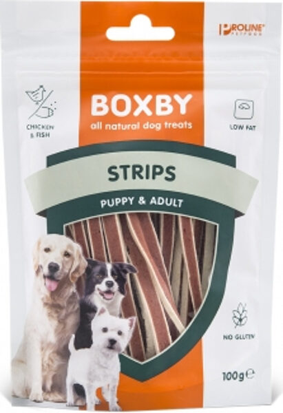 BOXBY STRIPS FOR DOGS 100g - STRĒMELĪTES KUCĒNIEM UN PIEAUGUŠIEM SUŅIEM (VISTA UN ZIVIS)