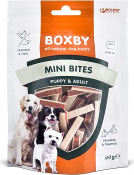 BOXBY MINI BITES PUPPY&ADULT 100gr - MINI STRĒMELĪTES KUCĒNIEM UN PIEAUGUŠIEM SUŅIEM (VISTA UN ZIVIS)