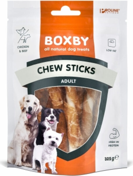 BOXBY CHEW STICKS WITH CHICKEN & BEEF 325g - papildus barība suņiem no 3 mēn. vecuma – liellopu jēlādas kociņi ar vitinātu vistas gaļu.