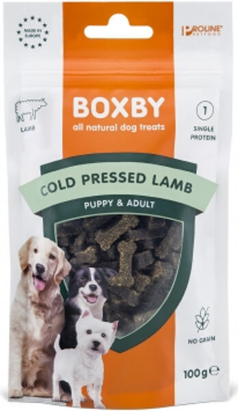 BOXBY COLD PRESED LAMB TREAT 100gr - BOXBY AUKSTĀS PRESĒŠANAS GARDUMS AR JĒRA GAĻU