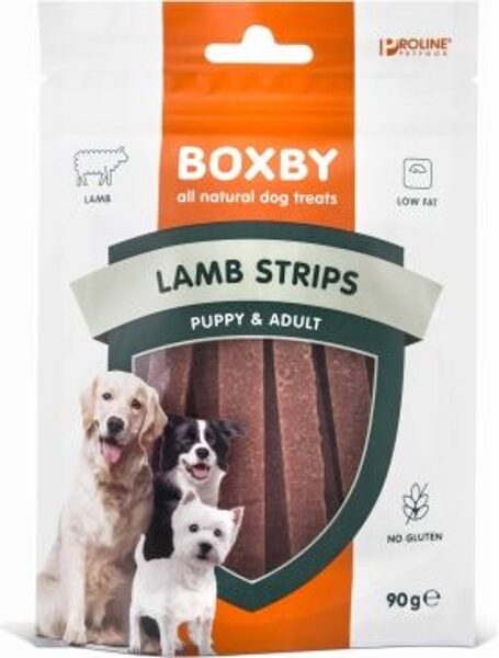 BOXBY LAMB STRIPS PUPPY&ADULT 90g - JĒRA GAĻAS ŠĶĒLĪTES KUCĒNIEM UN PIEAUGUŠIEM SUŅIEM 90gr