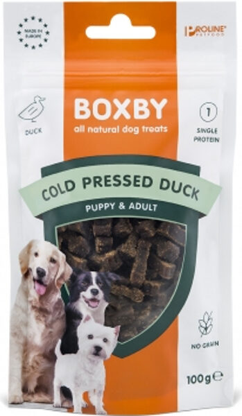 BOXBY COLD PRESED DUCK TREAT 0.100KG - BOXBY AUKSTĀS PRESĒŠANAS GARDUMS SUŅIEM AR PĪLI 100gr