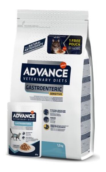 ADVANCE VET CAT GASTROENTERIC SENSITIVE 1,5 KG + 85gr konservi - Pieaugušiem kaķiem gremošanas trakta veselībai