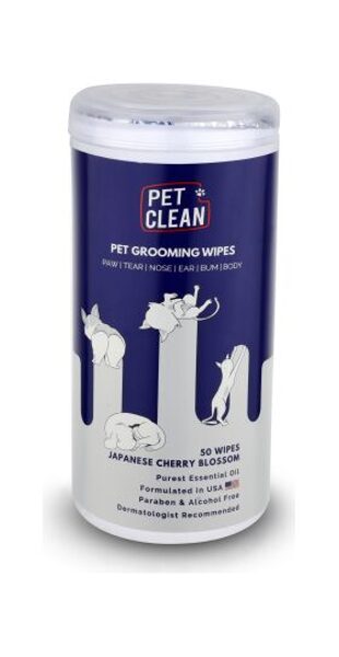 PET CLEAN GROOMING WIPES Japanese Cherry Blossom 50gb - MITRĀS SALVETES, AR HIPOALERĢĒNISKĀM ORGANISKĀM SASTĀVDAĻĀM, AR ZĪDKOKA un ALVEJAS EKSTRAKTU