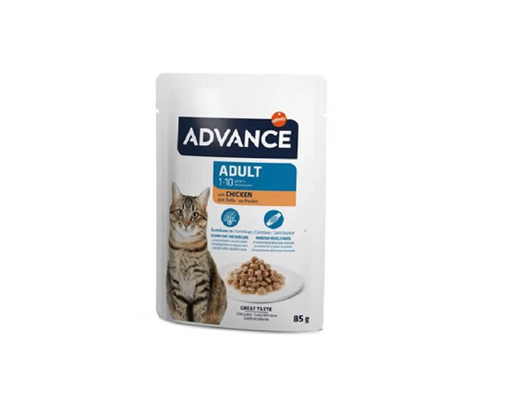 Advance Cat WET adult chicken 85gr - mitrā barība pieaugušiem kaķiem vecumā no 1 līdz 10 gadiem. Ar vistas gaļu.
