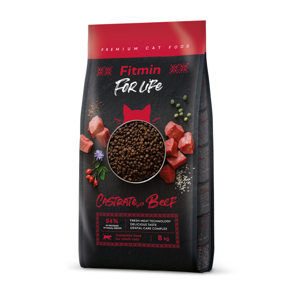FITMIN FOR LIFE CASTRATE WITH BEEF, 8 kg - sausā barība kastrētiem/sterilizētiem pieaugušiem kaķiem ar liellopu