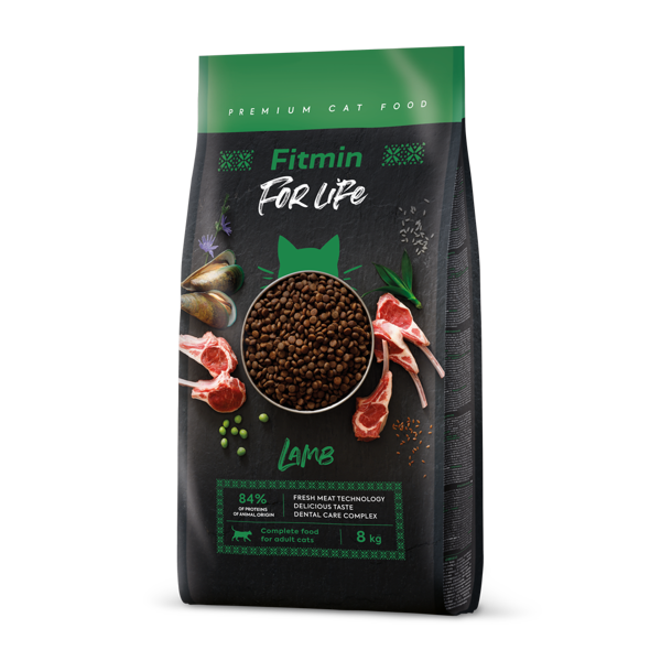 FITMIN FOR LIFE LAMB 8 kg - sausā  barība pieaugušiem kaķiem ar jēru