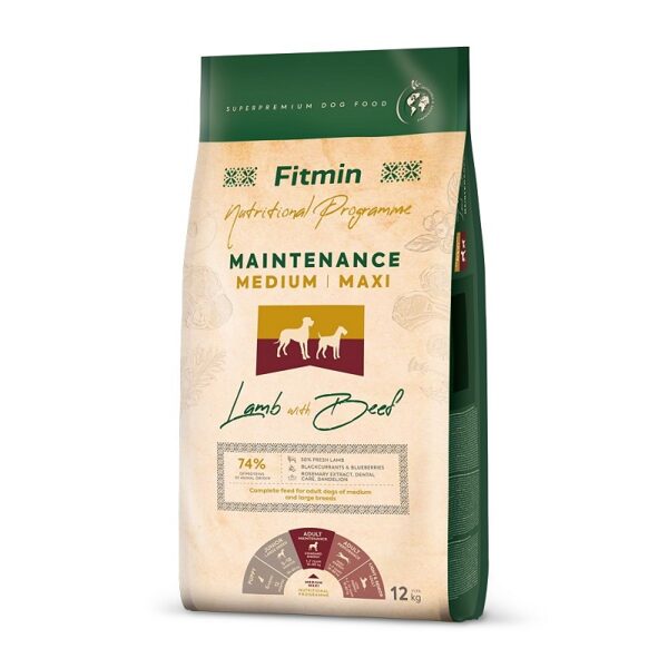 Fitmin Dog Medium Maxi Maintenance Lamb With Beef 12kg - Super Premium barība pieaugušiem vidējo un lielo šķirņu suņiem (jērs/liellops)