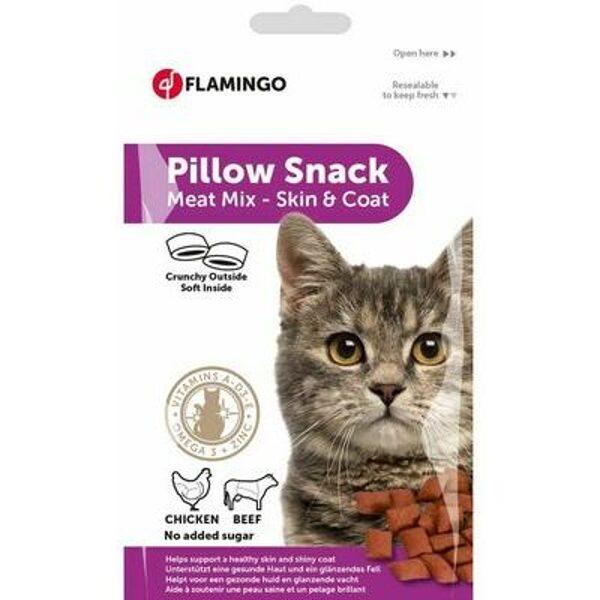 Flamingo  PILLOW SNACK  Meat Mix SKIN AND COAT 50g - papildbarība kaķiem