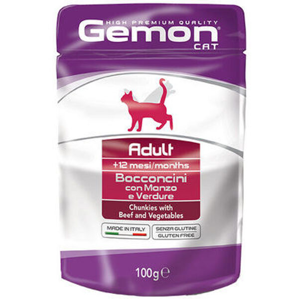 GEMON Wet Cat pouch Adult with beef/veg 100 g - konservi kaķiem