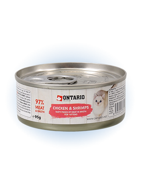 Ontario Kitten Chicken & Schrimps, 95 g - konservi kaķēniem ar vistas filejas un garneļu gabaliņiem