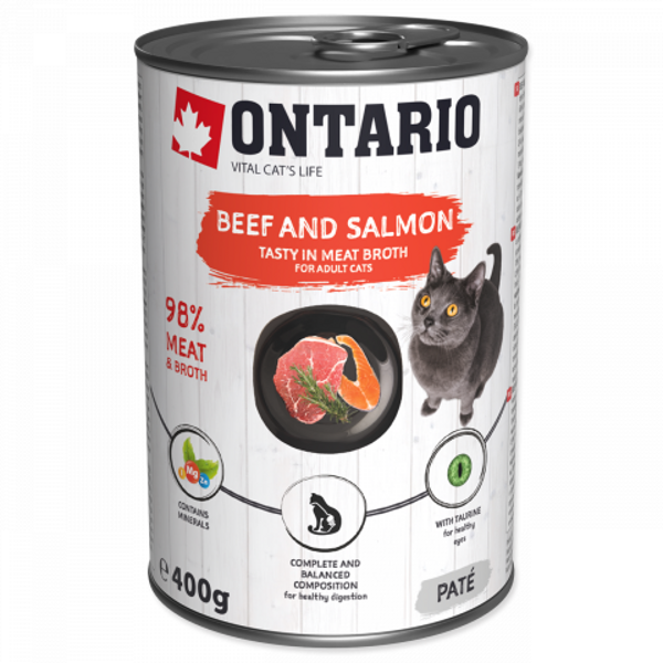  Ontario Cat Beef with Salmon flavoured with Spirulina 400g - Konservi kaķiem ar liellopa gaļu un lasi