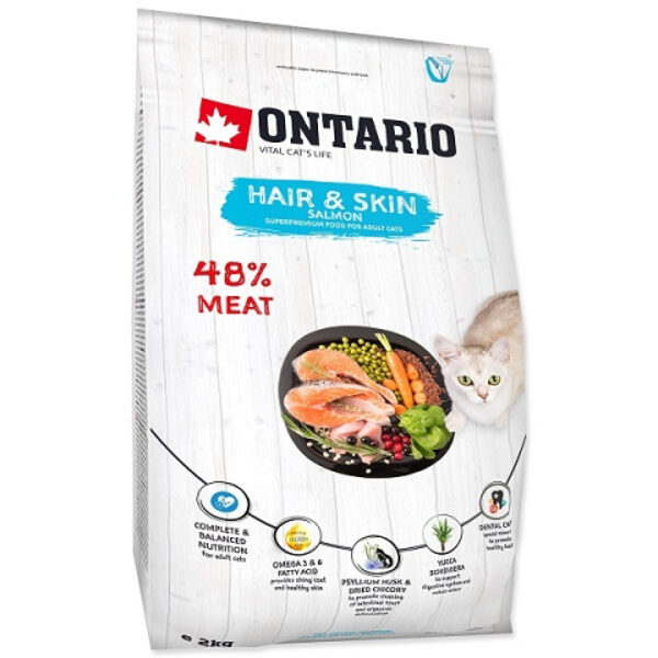 Ontario Cat Hair and Skin 2 kg -  Super Premium корм для кошек (для здоровой кожи и шерсти)