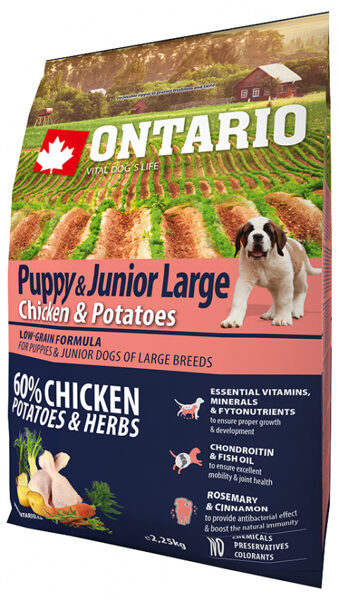  Ontario Puppy / Junior Large, Chicken and Potatoes, 2,25 кг - сухой корм с курицей и картофелем для щенков и молодых собак крупных пород