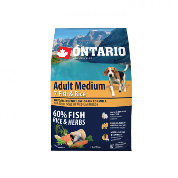 Ontario Adult Medium Fish and Rice, 2,25 кг - сухой корм с рыбой и рисом для взрослых собак средних пород