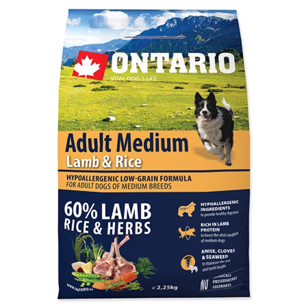 ONTARIO Adult Medium Lamb & Rice 2.25 kg -  сухой корм с бараниной и рисом для взрослых собак средних пород 