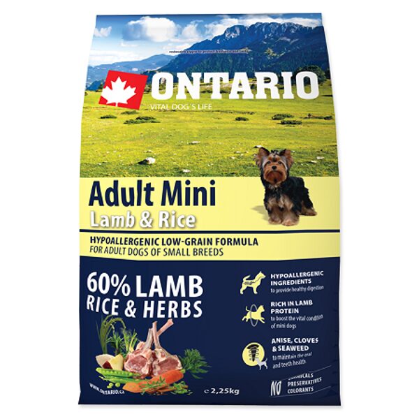 ONTARIO Adult Mini Lamb & Rice 2.25 kg - сухой корм с бараниной и рисом для взрослых собак мелких пород 