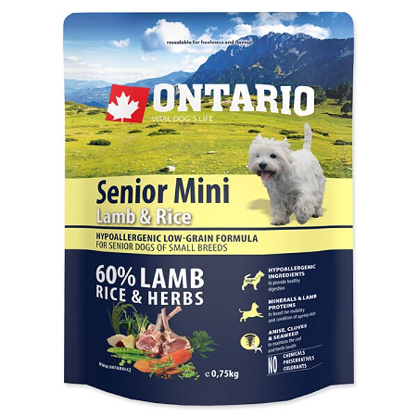 ONTARIO Senior Mini Lamb & Rice 750 g -  сухой корм с бараниной и рисом для пожилых собак мелких пород